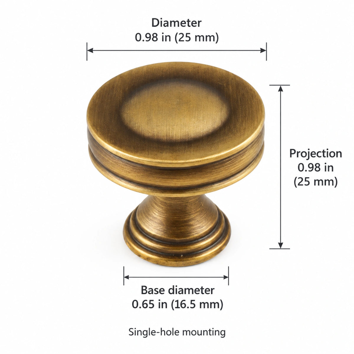 Recessed Knob — 0.98 in (25 mm) Diameter dimensions in inches and millimeters