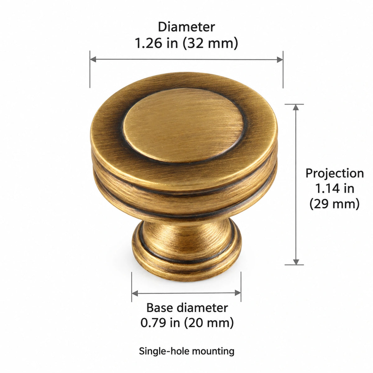 Recessed Knob — 1.26 in (32 mm) Diameter dimensions in inches and millimeters