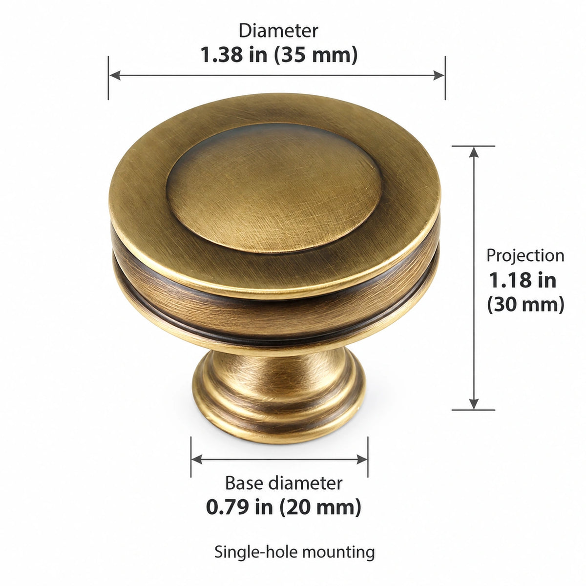 Recessed Knob — 1.38 in (35 mm) Diameter dimensions in inches and millimeters