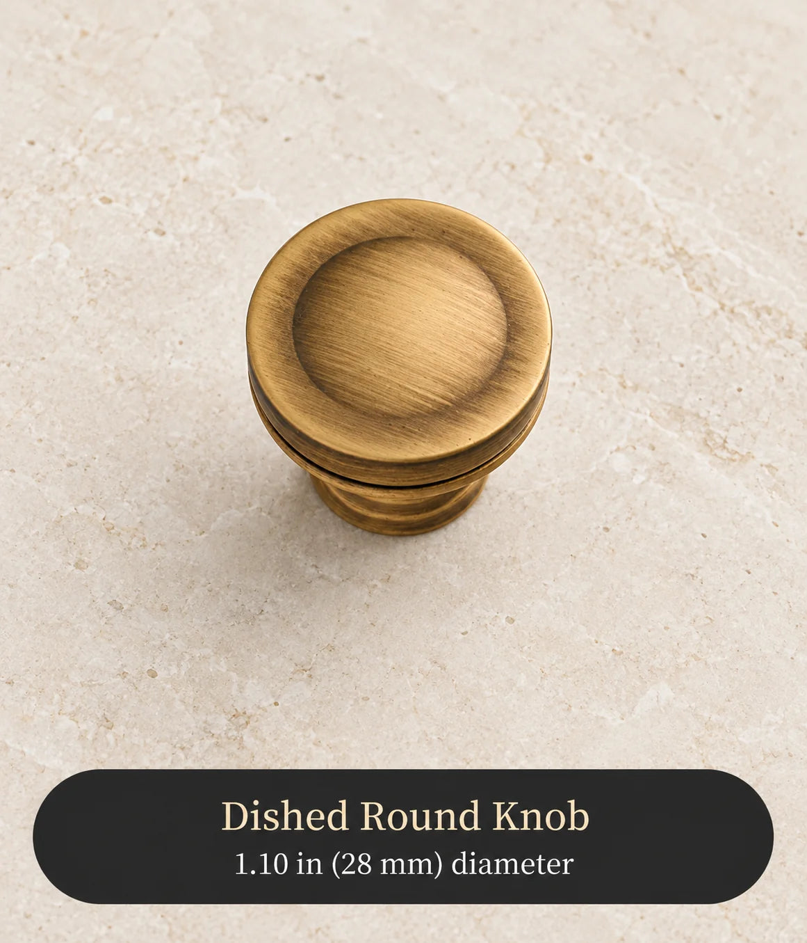 Antique brass dished round knob, 1.10 in (28 mm) diameter