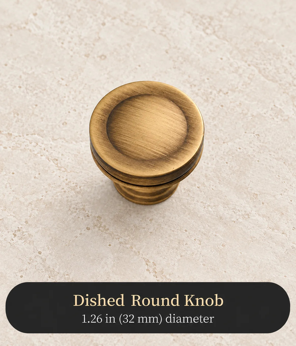 Antique brass dished round knob, 1.26 in (32 mm) diameter