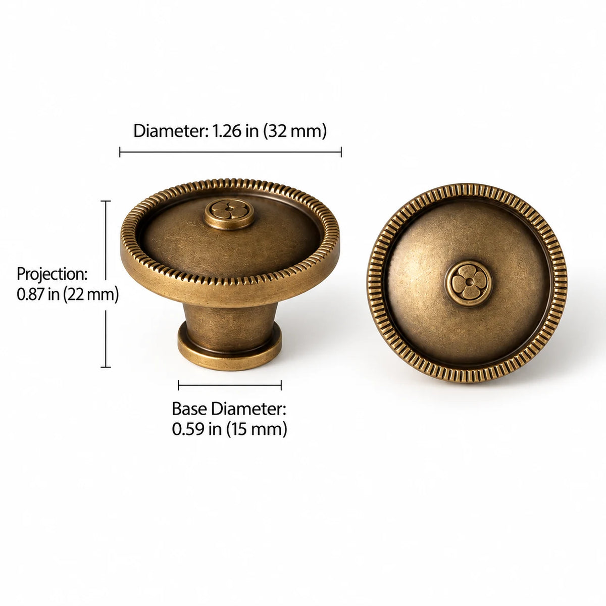 1.26 inch 32 mm antique brass cabinet knob dimensions