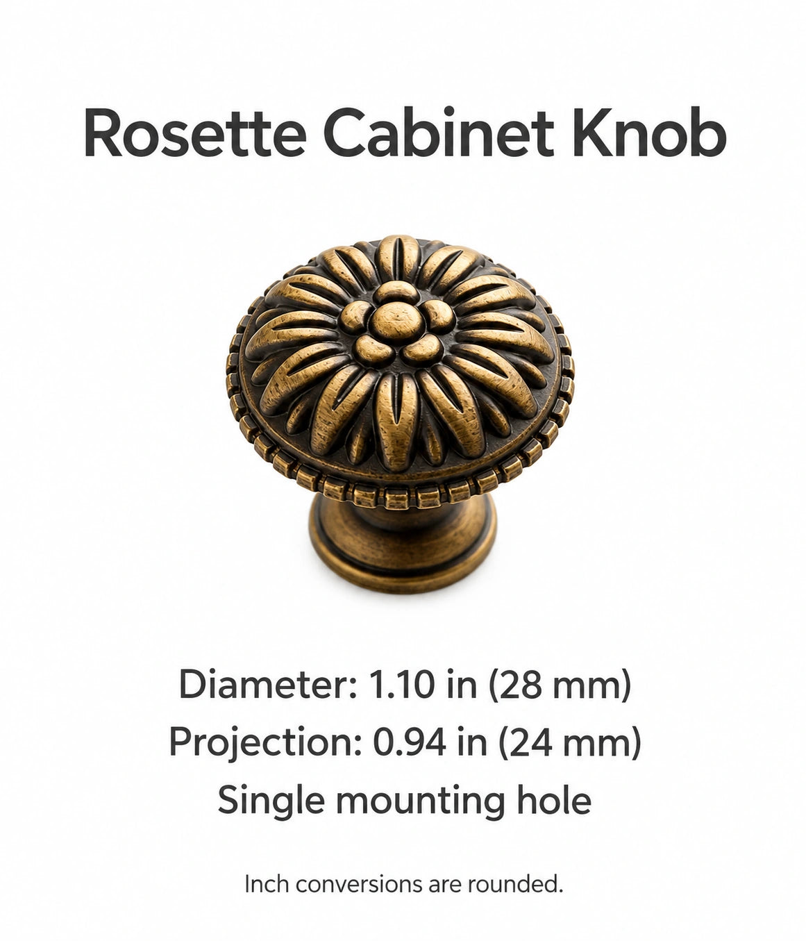 Rosette cabinet knob dimensions: 1.10 inches (28 mm) diameter and 0.94 inches (24 mm) projection