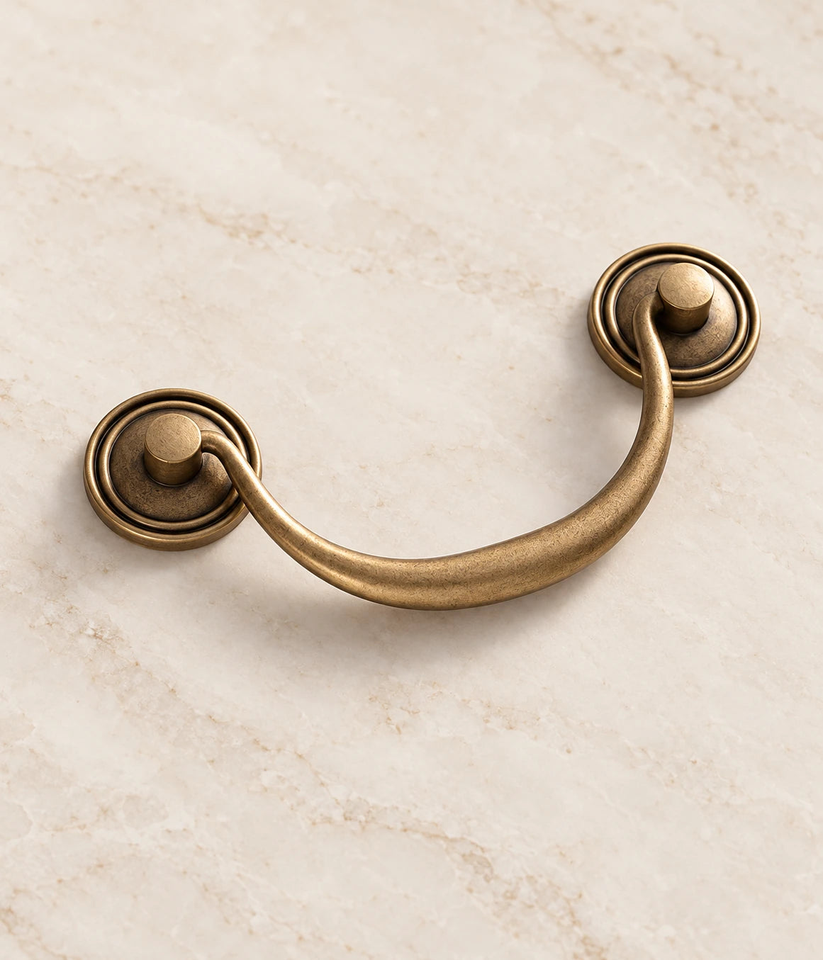 Close-up of the curved antique brass bail handle and ringed round backplates