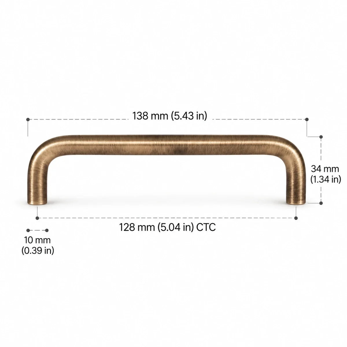 Rounded Pull — 5.04″ (128 mm) CTC in antique brushed brass, dimension drawing in inches and mm