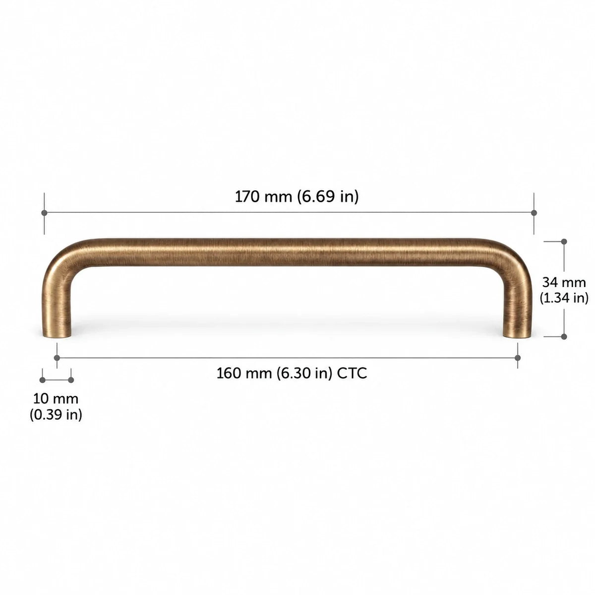 Rounded Pull — 6.30″ (160 mm) CTC in antique brushed brass, dimension drawing in inches and mm