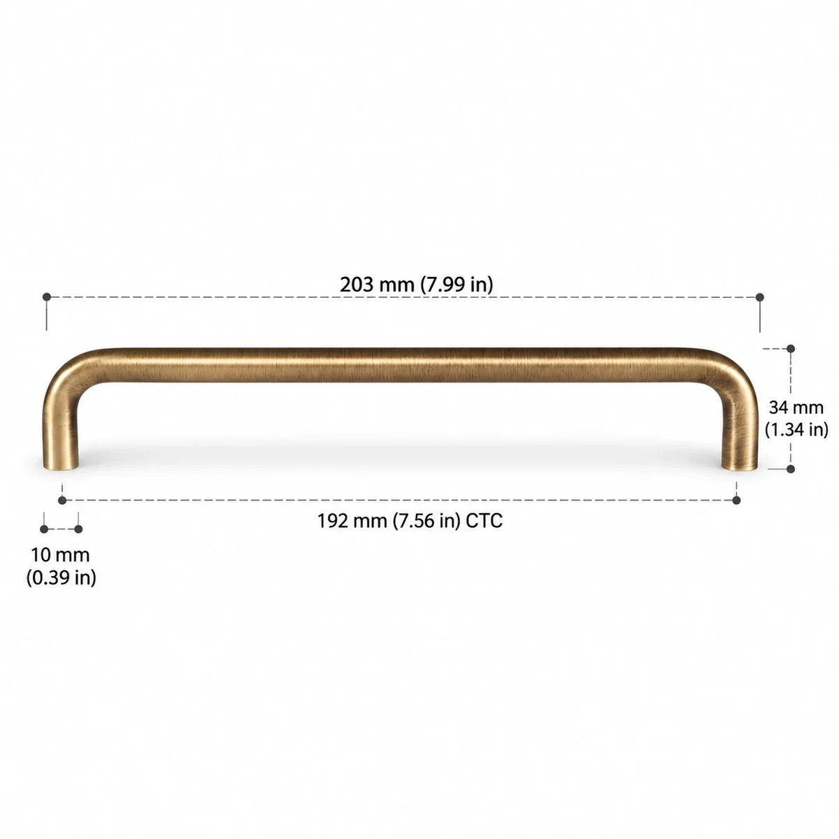 Rounded Pull — 7.56″ (192 mm) CTC in antique brushed brass, dimension drawing in inches and mm