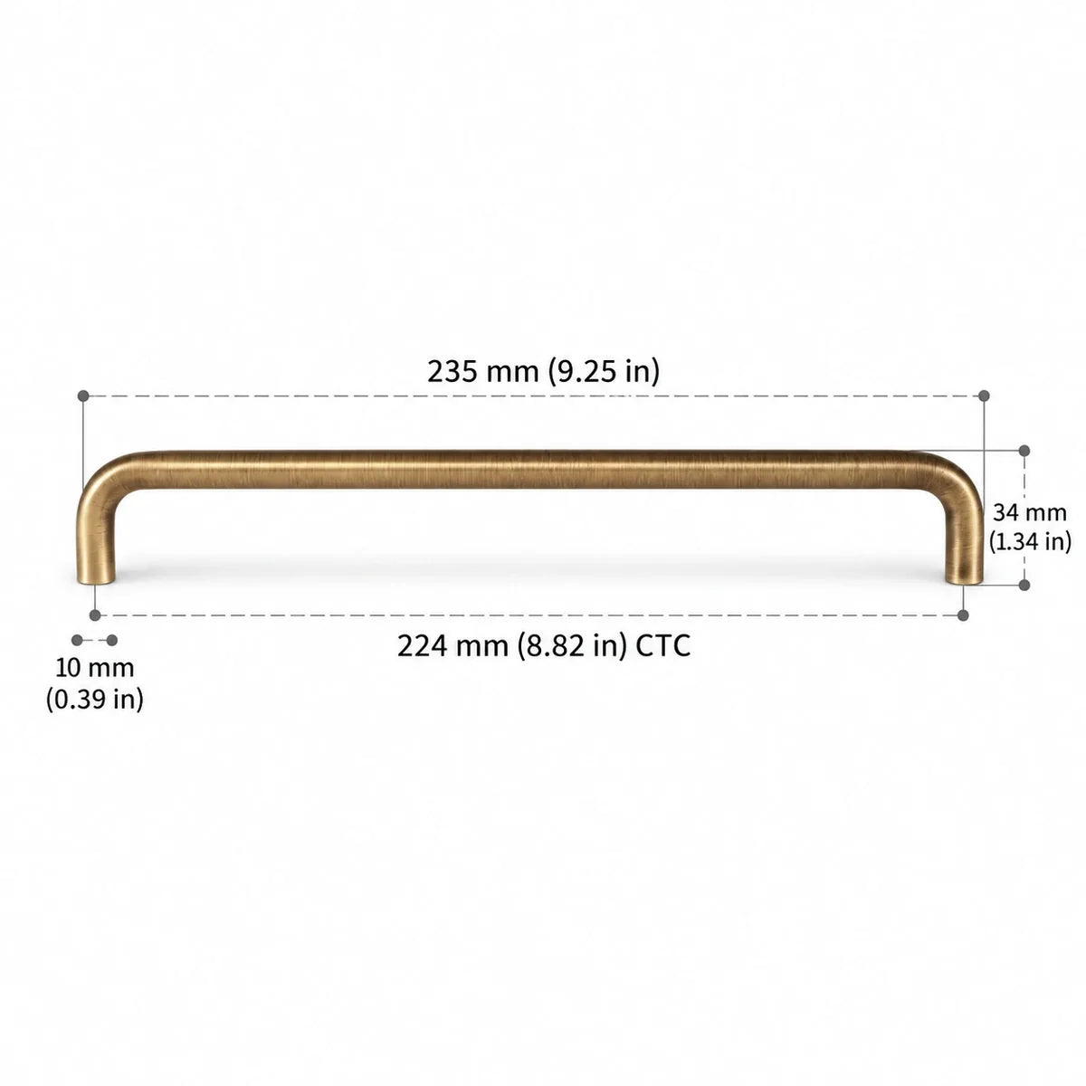 Rounded Pull — 8.82″ (224 mm) CTC in antique brushed brass, dimension drawing in inches and mm
