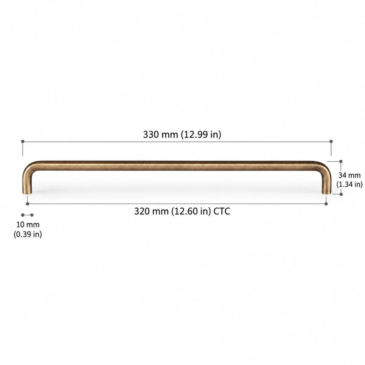 Rounded Pull — 12.60″ (320 mm) CTC in antique brushed brass, dimension drawing in inches and mm