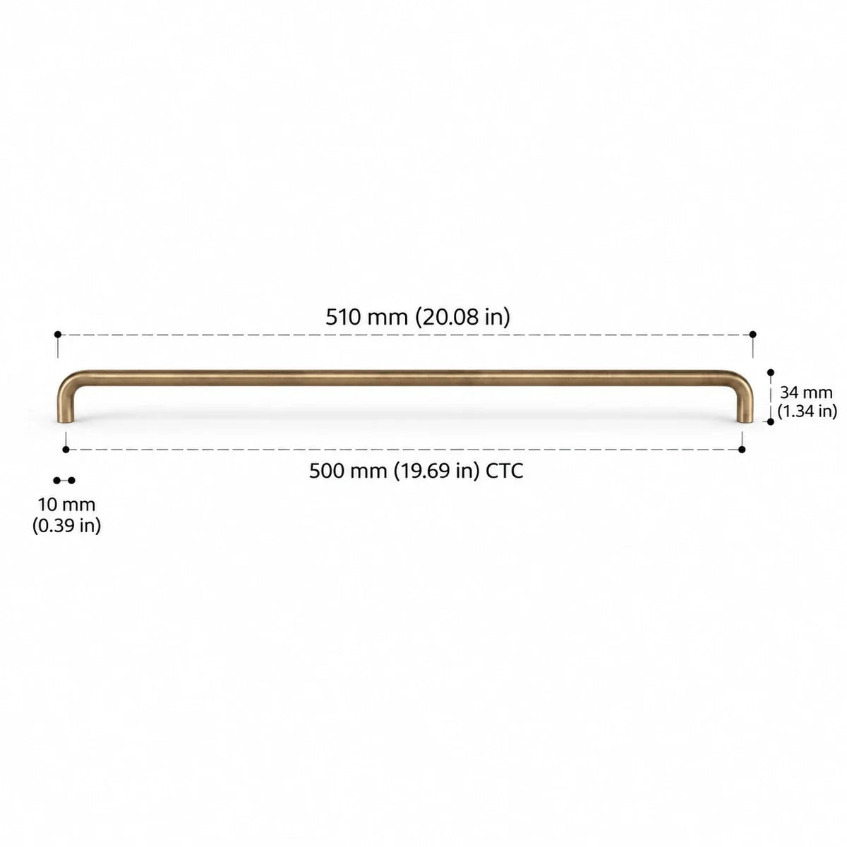 Rounded Pull — 19.69″ (500 mm) CTC in antique brushed brass, dimension drawing in inches and mm