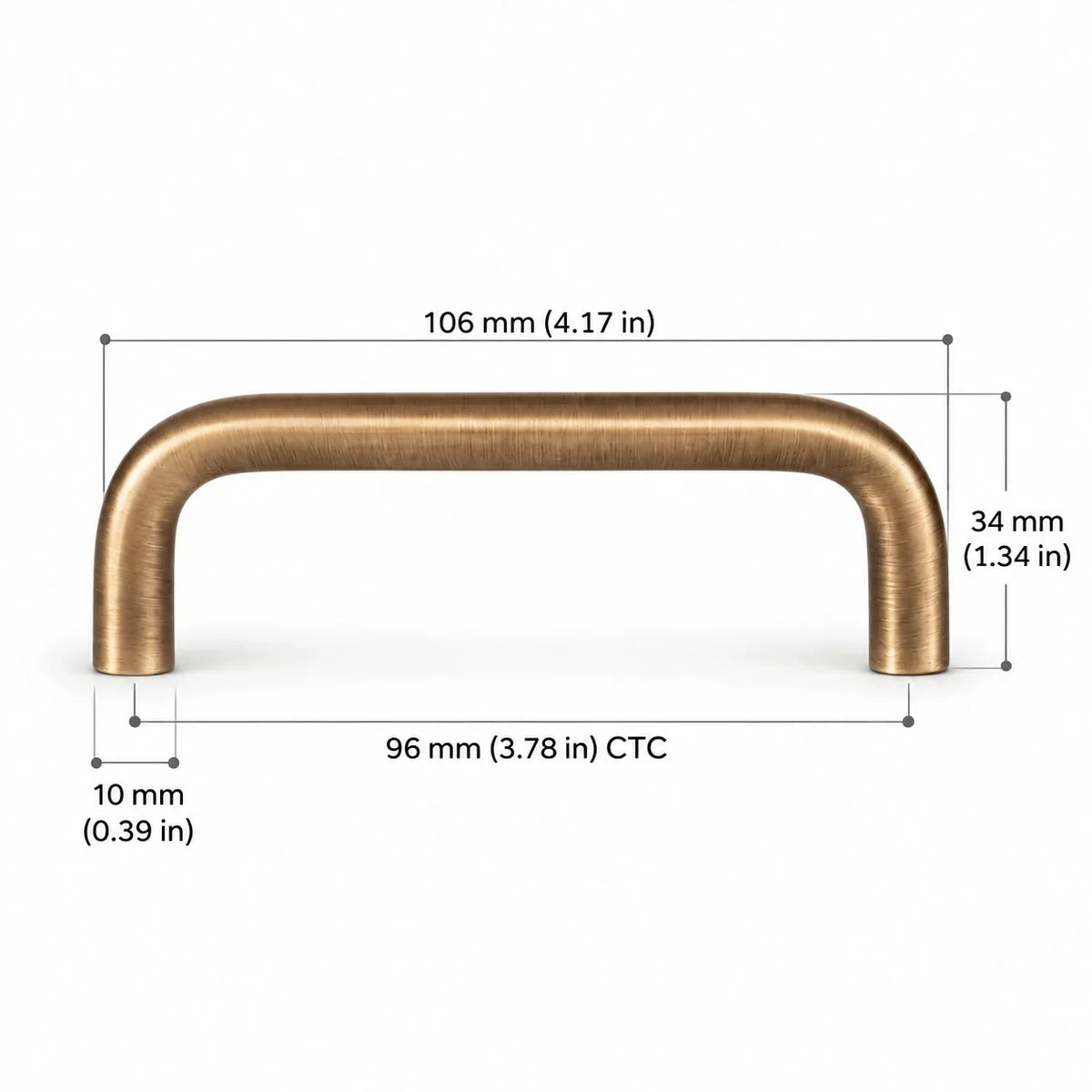 Rounded Pull — 3.78″ (96 mm) CTC in antique brushed brass, dimension drawing in inches and mm