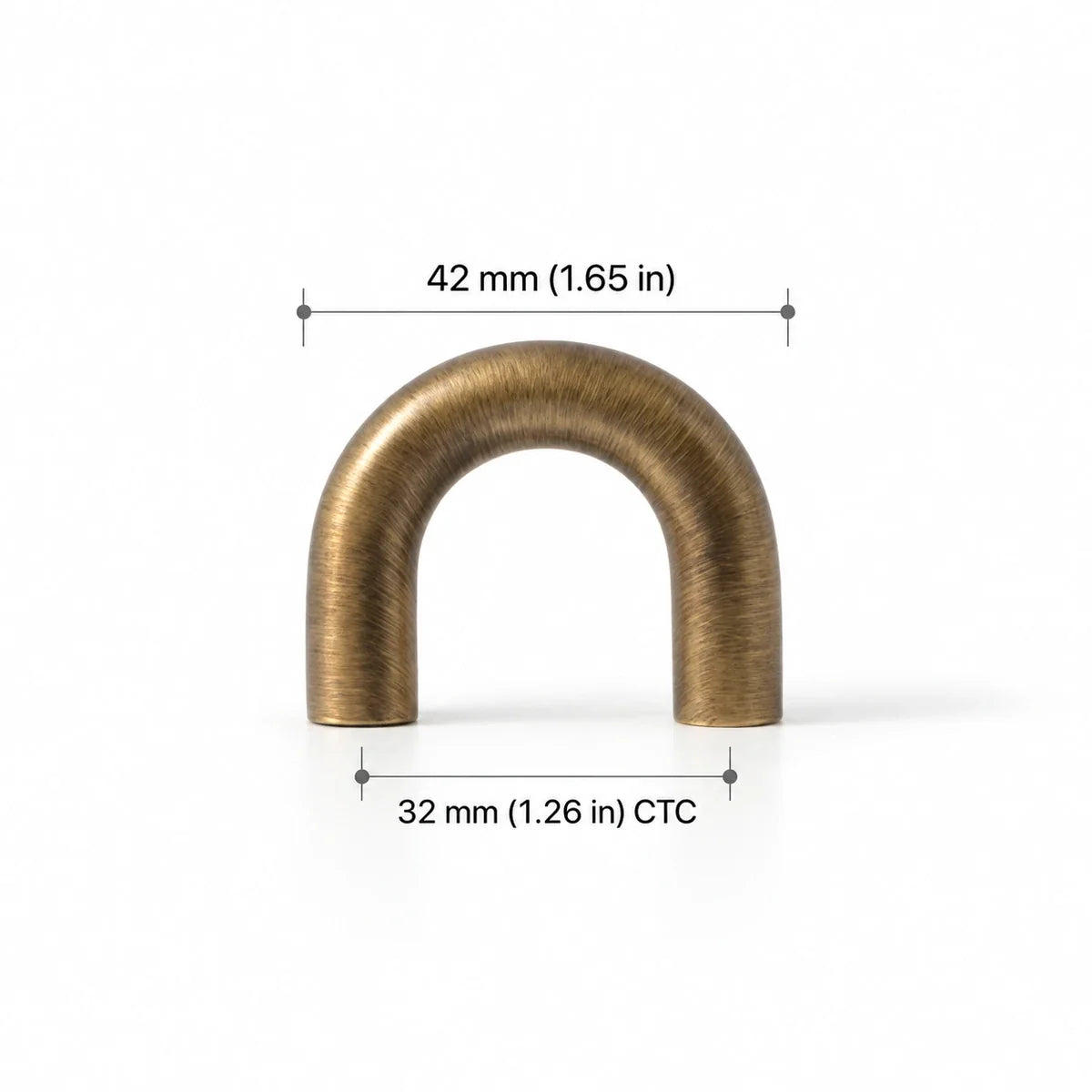 U-Shaped Pull — 1.26″ (32 mm) CTC in antique brushed brass, dimension drawing in inches and mm