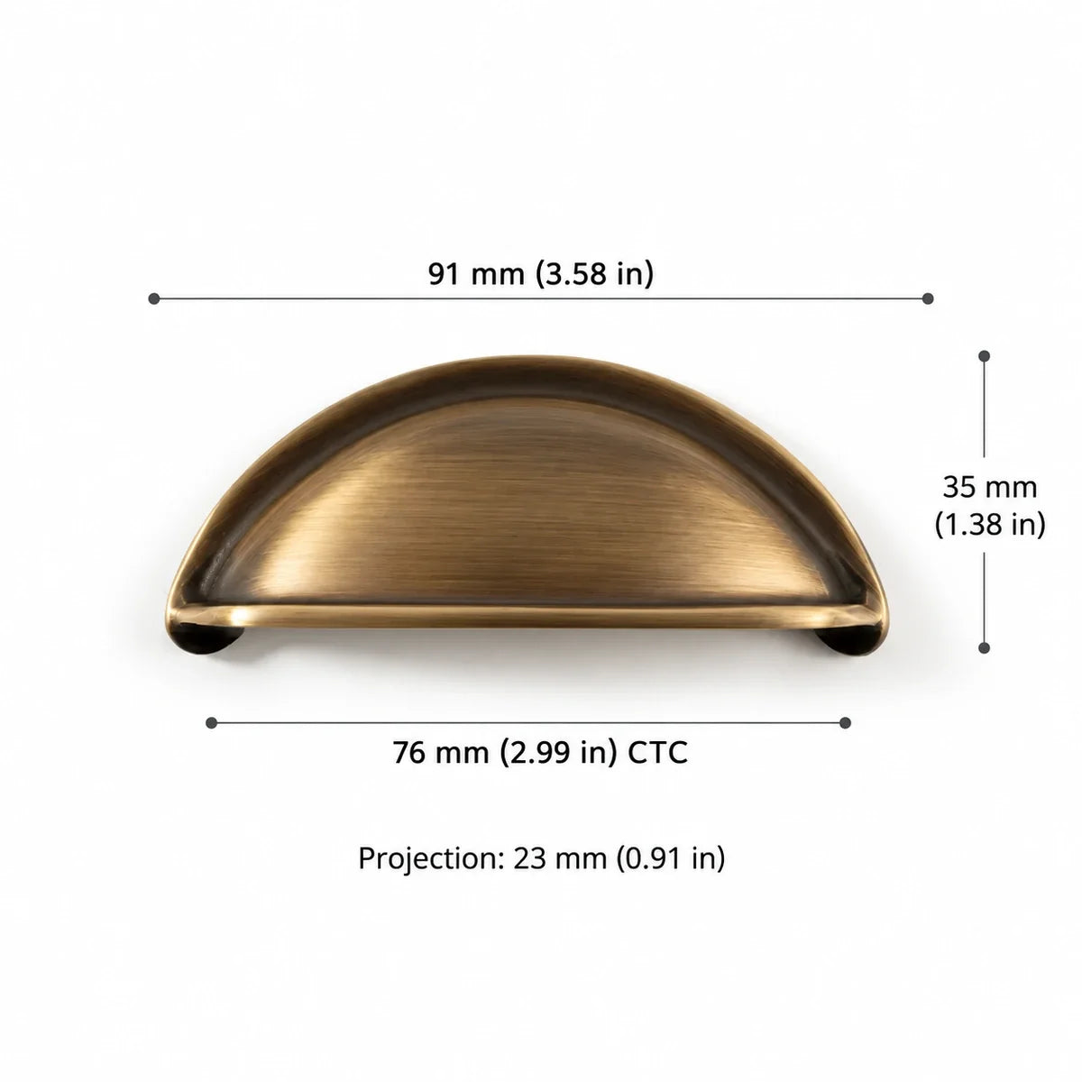 Cup Pull — 2.99″ (76 mm) CTC in antique brushed brass, dimension drawing in inches and mm