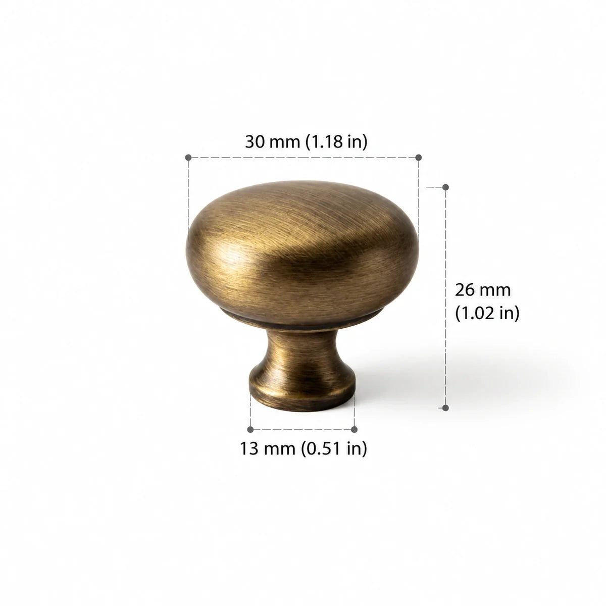 Round Knob — 1.18″ (30 mm) Diameter in antique brushed brass, dimension drawing in inches and mm