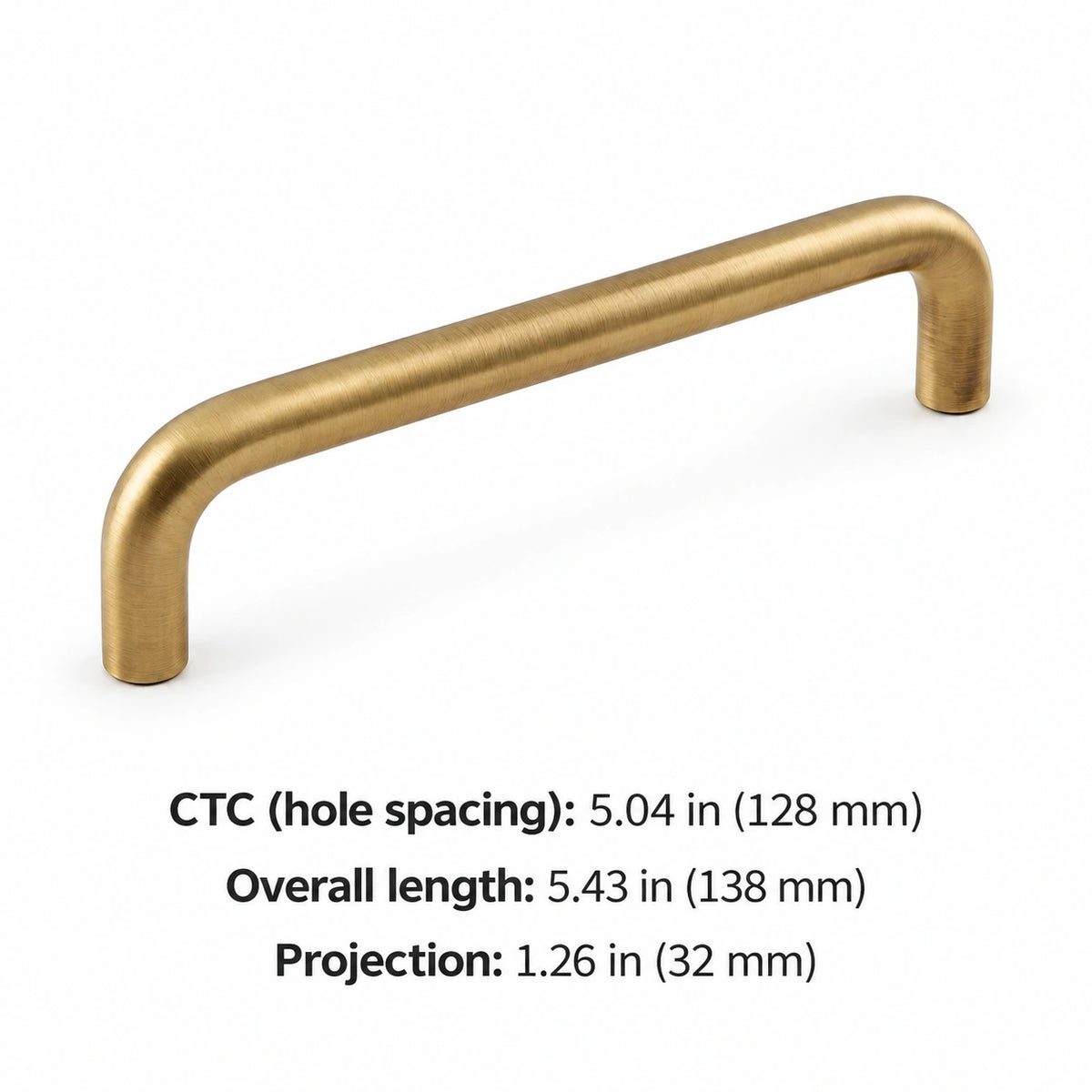 Antique brass rounded cabinet pull, 5.04 in (128 mm) CTC, with overall length and projection