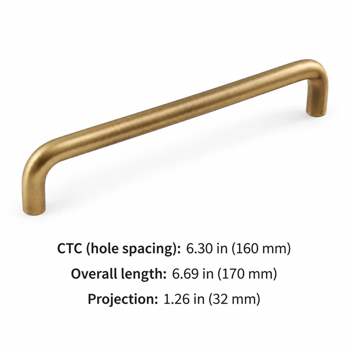 Antique brass rounded cabinet pull, 6.30 in (160 mm) CTC, with overall length and projection