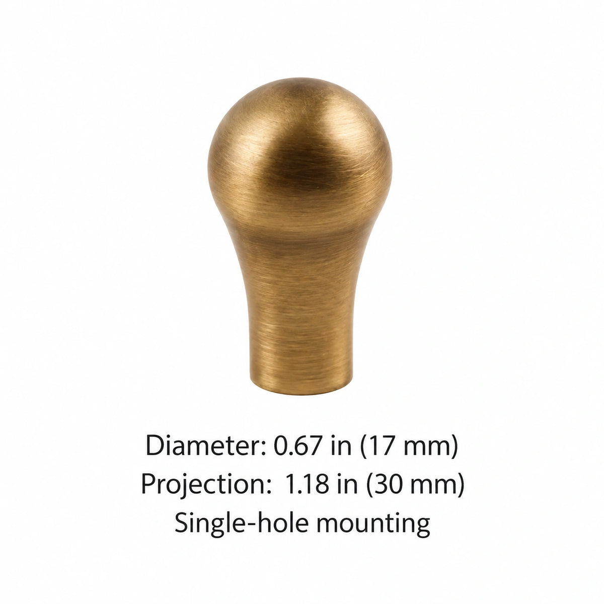 Slim antique brass cabinet knob, 0.67 in (17 mm) diameter and 1.18 in (30 mm) projection