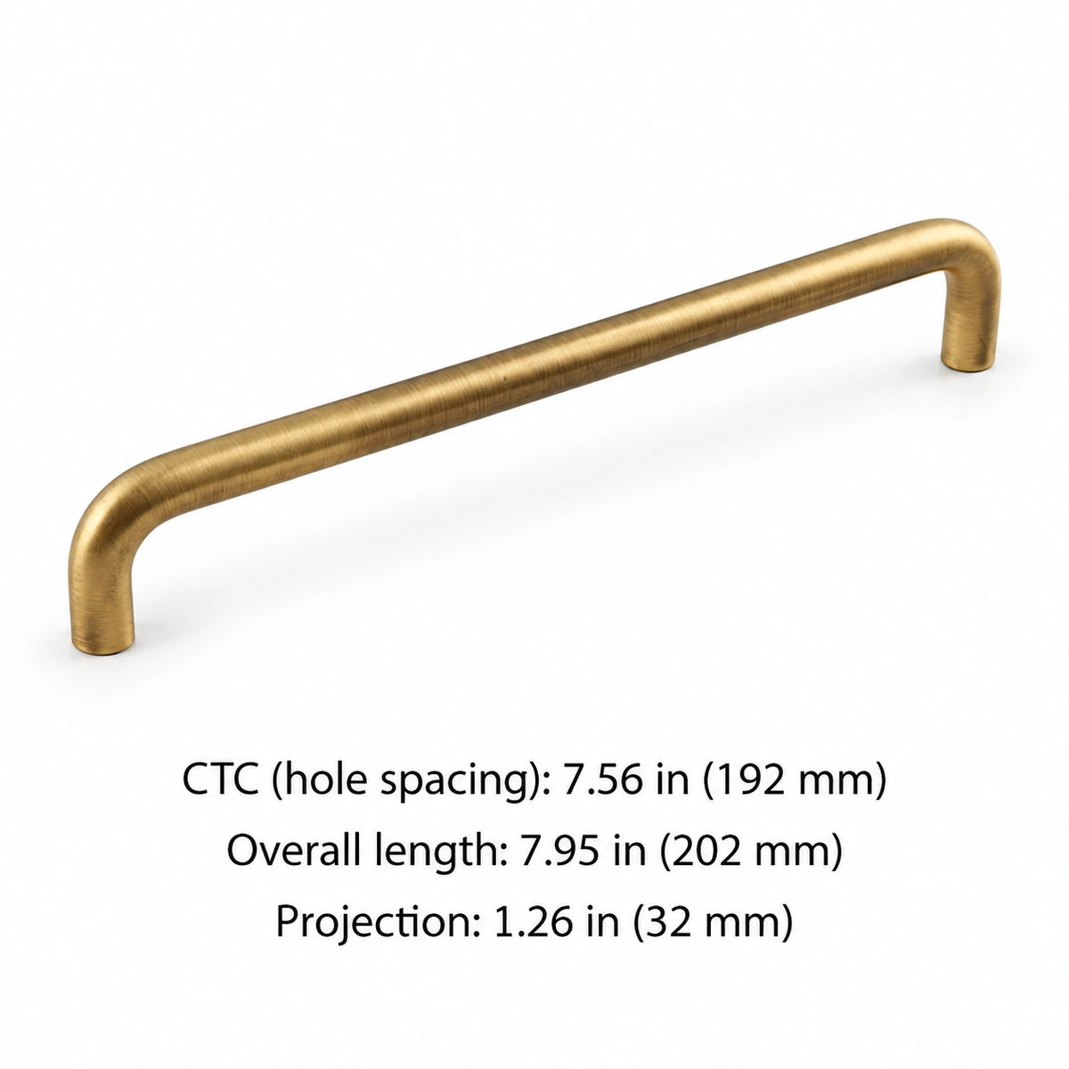 Antique brass rounded cabinet pull, 7.56 in (192 mm) CTC, with overall length and projection