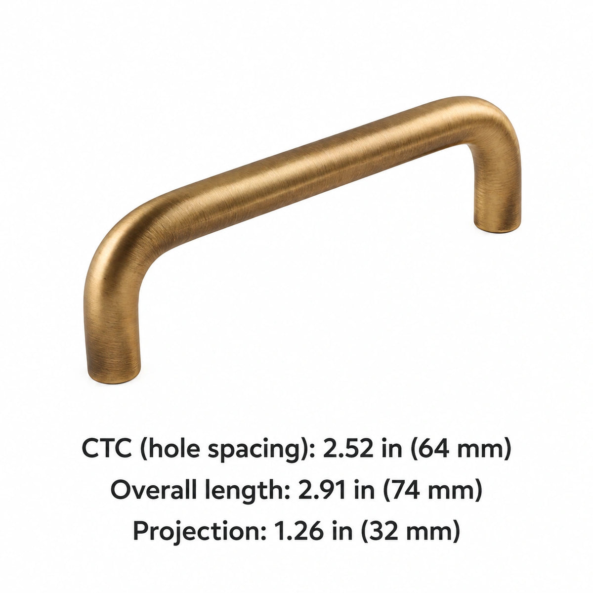 Antique brass rounded cabinet pull, 2.52 in (64 mm) CTC, with overall length and projection
