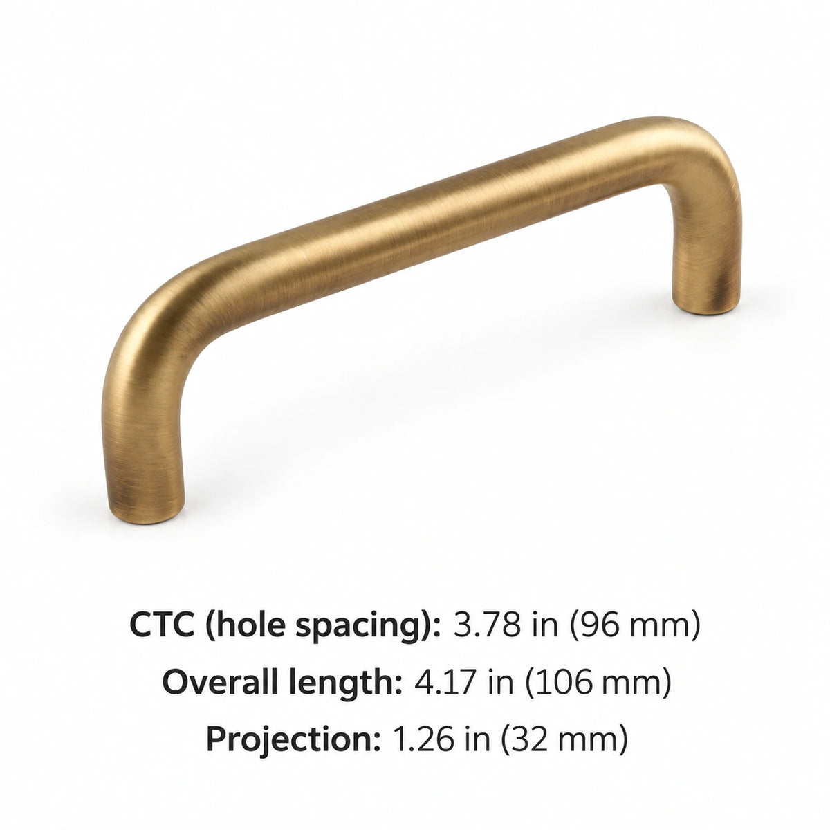 Antique brass rounded cabinet pull, 3.78 in (96 mm) CTC, with overall length and projection