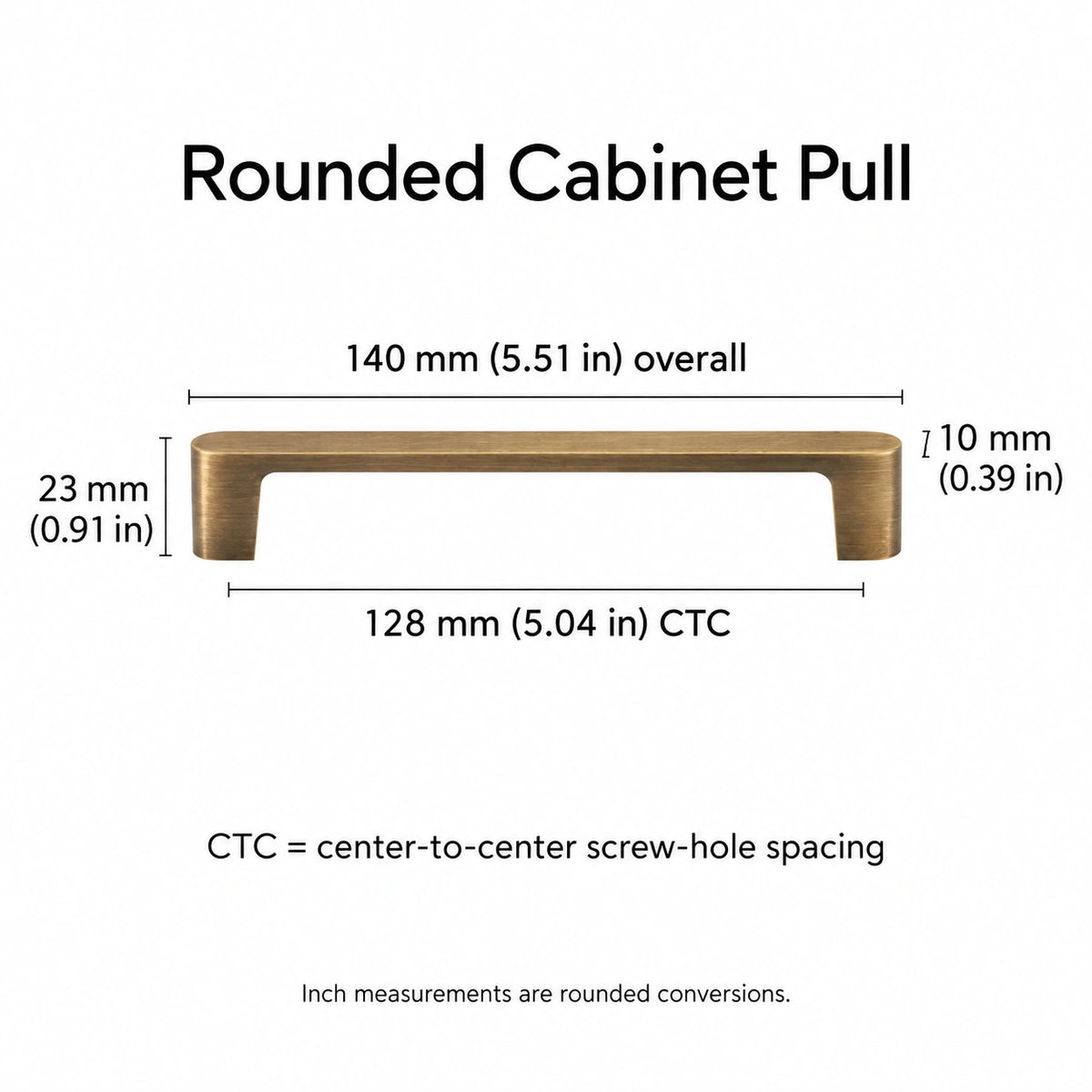 Antique brass rounded cabinet pull with 128 mm (5.04 in) CTC, overall length and projection measurements