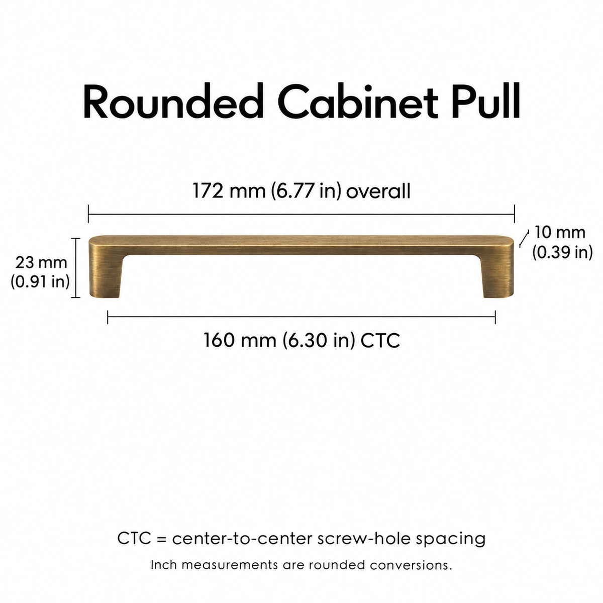 Antique brass rounded cabinet pull with 160 mm (6.30 in) CTC, overall length and projection measurements