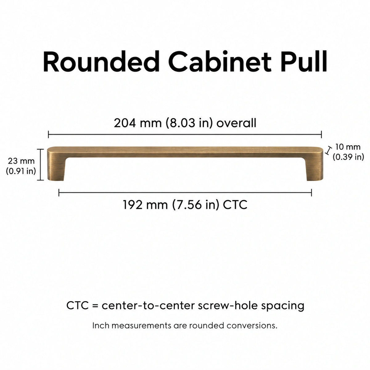Antique brass rounded cabinet pull with 192 mm (7.56 in) CTC, overall length and projection measurements