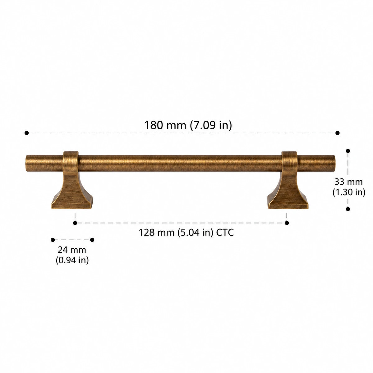 Saddle-Base Pull — 5.04″ (128 mm) CTC — overall length 7.09 in (180 mm), projection 1.30 in (33 mm), base width 0.94 in (24 mm)
