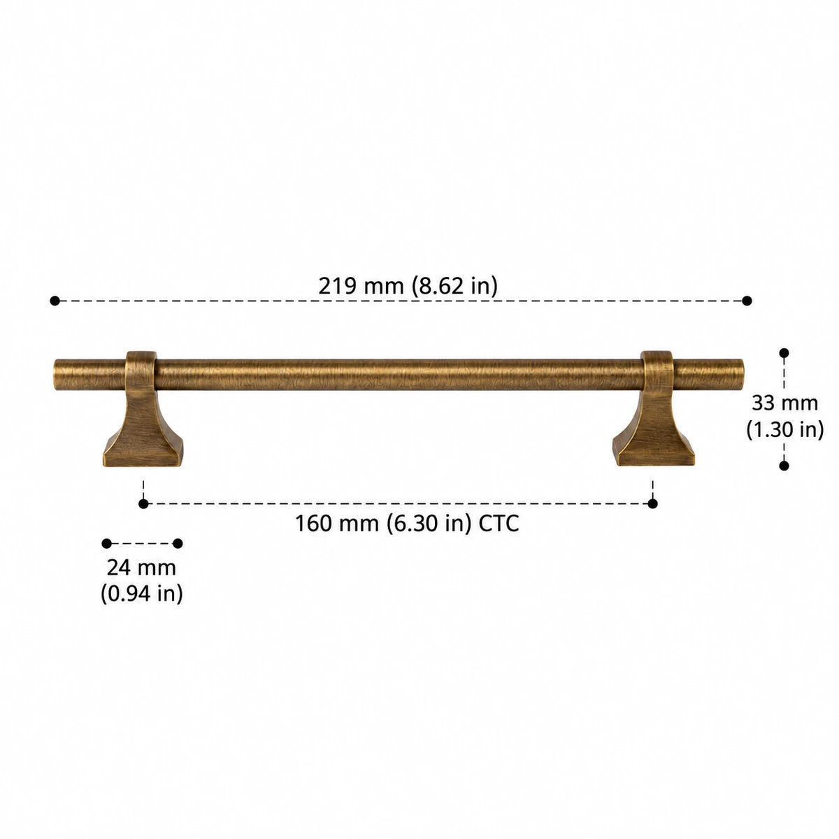 Saddle-Base Pull — 6.30″ (160 mm) CTC — overall length 8.62 in (219 mm), projection 1.30 in (33 mm), base width 0.94 in (24 mm)