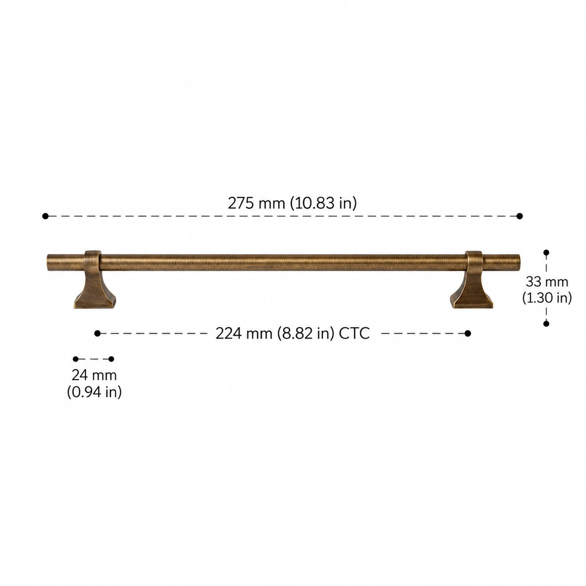 Saddle-Base Pull — 8.82″ (224 mm) CTC — overall length 10.83 in (275 mm), projection 1.30 in (33 mm), base width 0.94 in (24 mm)