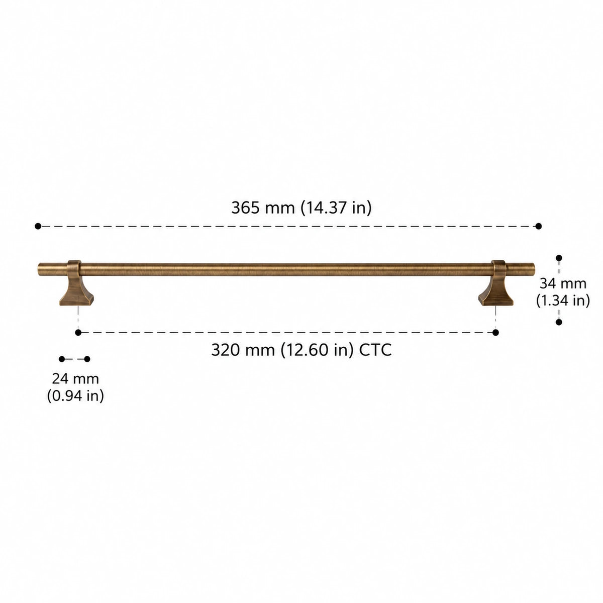 Saddle-Base Pull — 12.60″ (320 mm) CTC — overall length 14.37 in (365 mm), projection 1.34 in (34 mm), base width 0.94 in (24 mm)