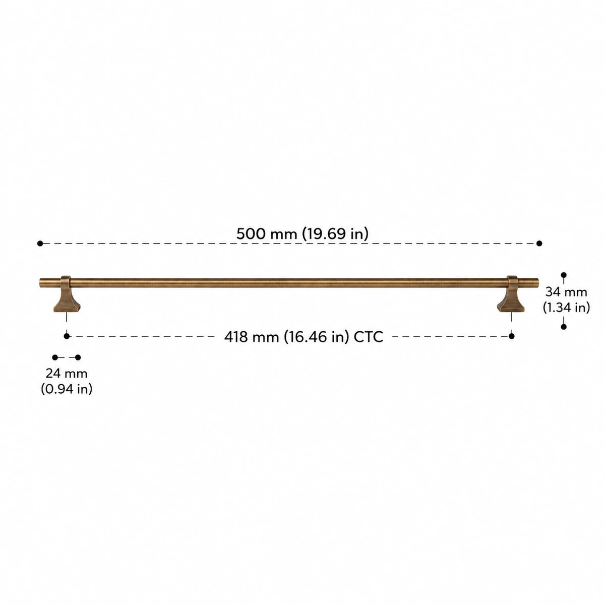 Saddle-Base Pull — 16.46″ (418 mm) CTC — overall length 19.69 in (500 mm), projection 1.34 in (34 mm), base width 0.94 in (24 mm)