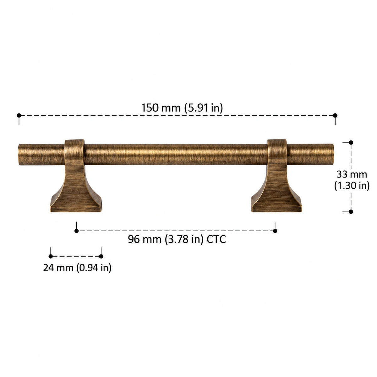 Saddle-Base Pull — 3.78″ (96 mm) CTC — overall length 5.91 in (150 mm), projection 1.30 in (33 mm), base width 0.94 in (24 mm)