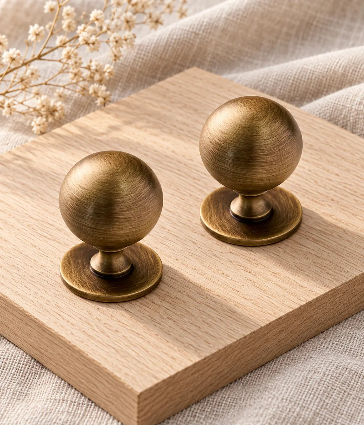 Antique brass ball knobs arranged on pale oak and linen