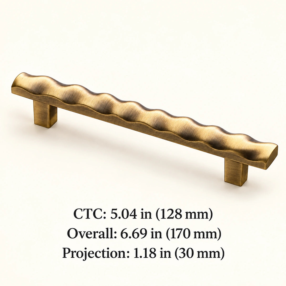 Scalloped cabinet pull with 5.04 in (128 mm) CTC and 6.69 in (170 mm) overall length