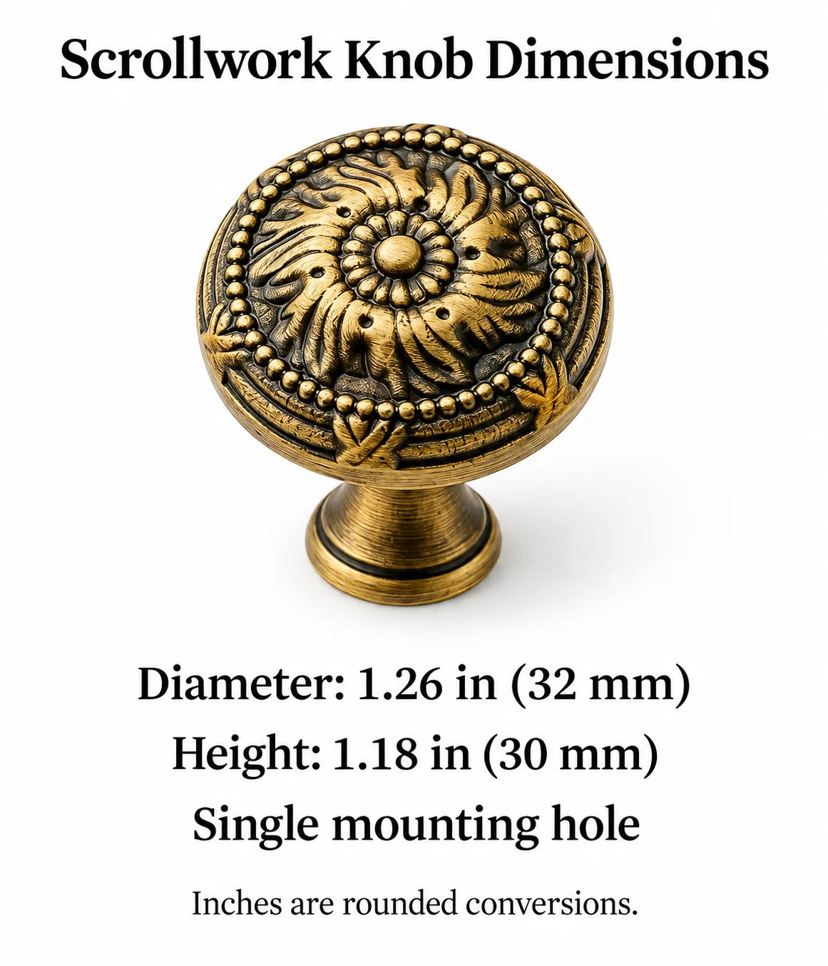 Scrollwork knob dimensions: 1.26 in (32 mm) diameter and 1.18 in (30 mm) height