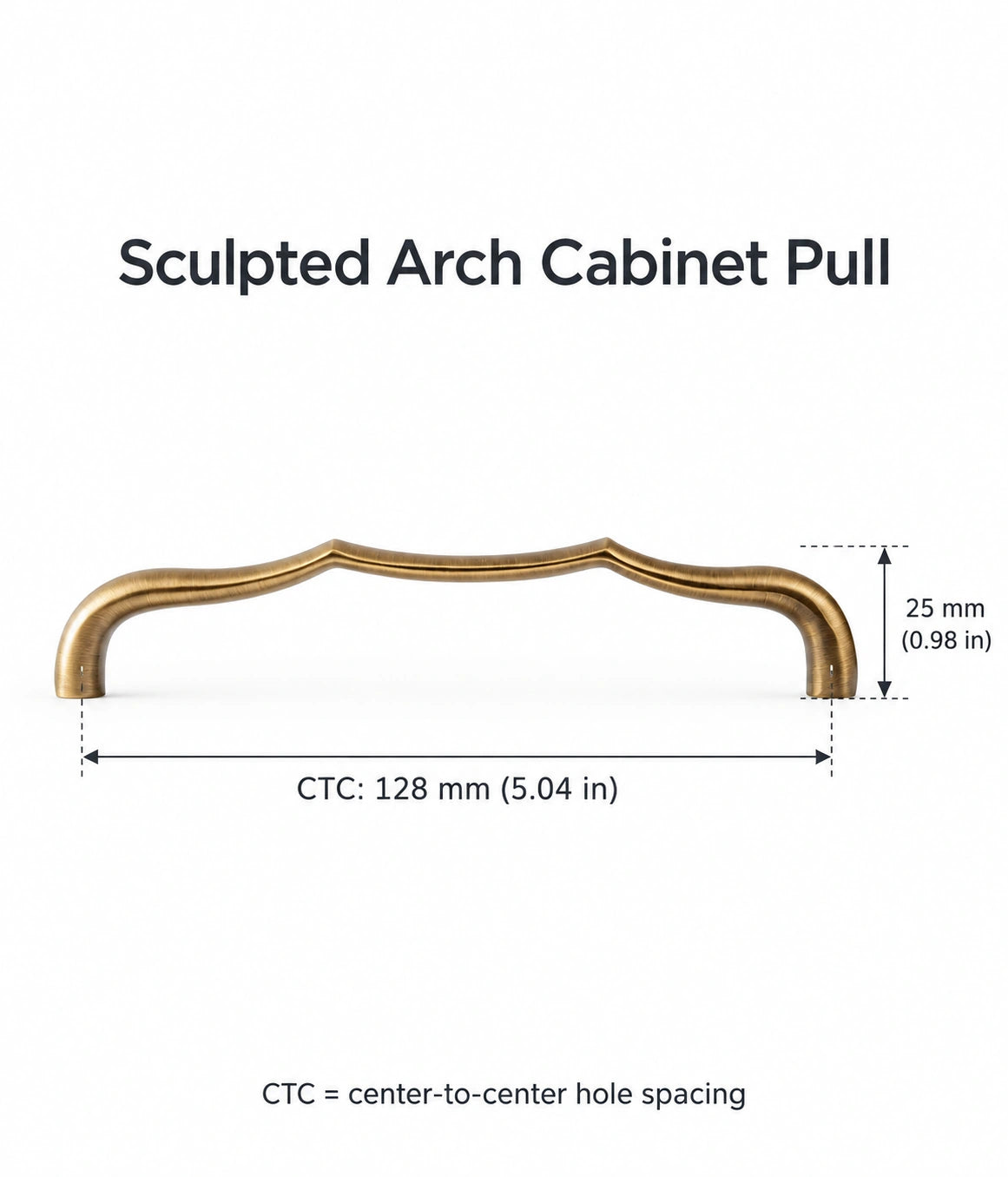Antique brass sculpted arch pull with 128 mm (5.04 inch) center-to-center hole spacing