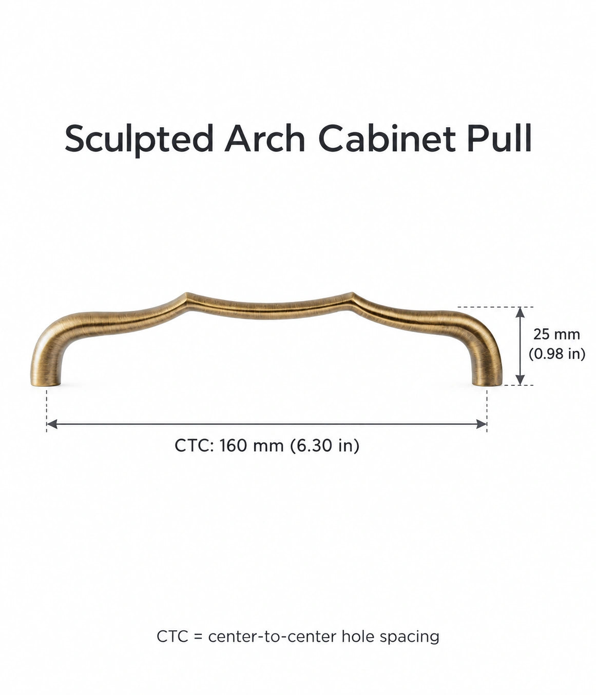 Antique brass sculpted arch pull with 160 mm (6.30 inch) center-to-center hole spacing