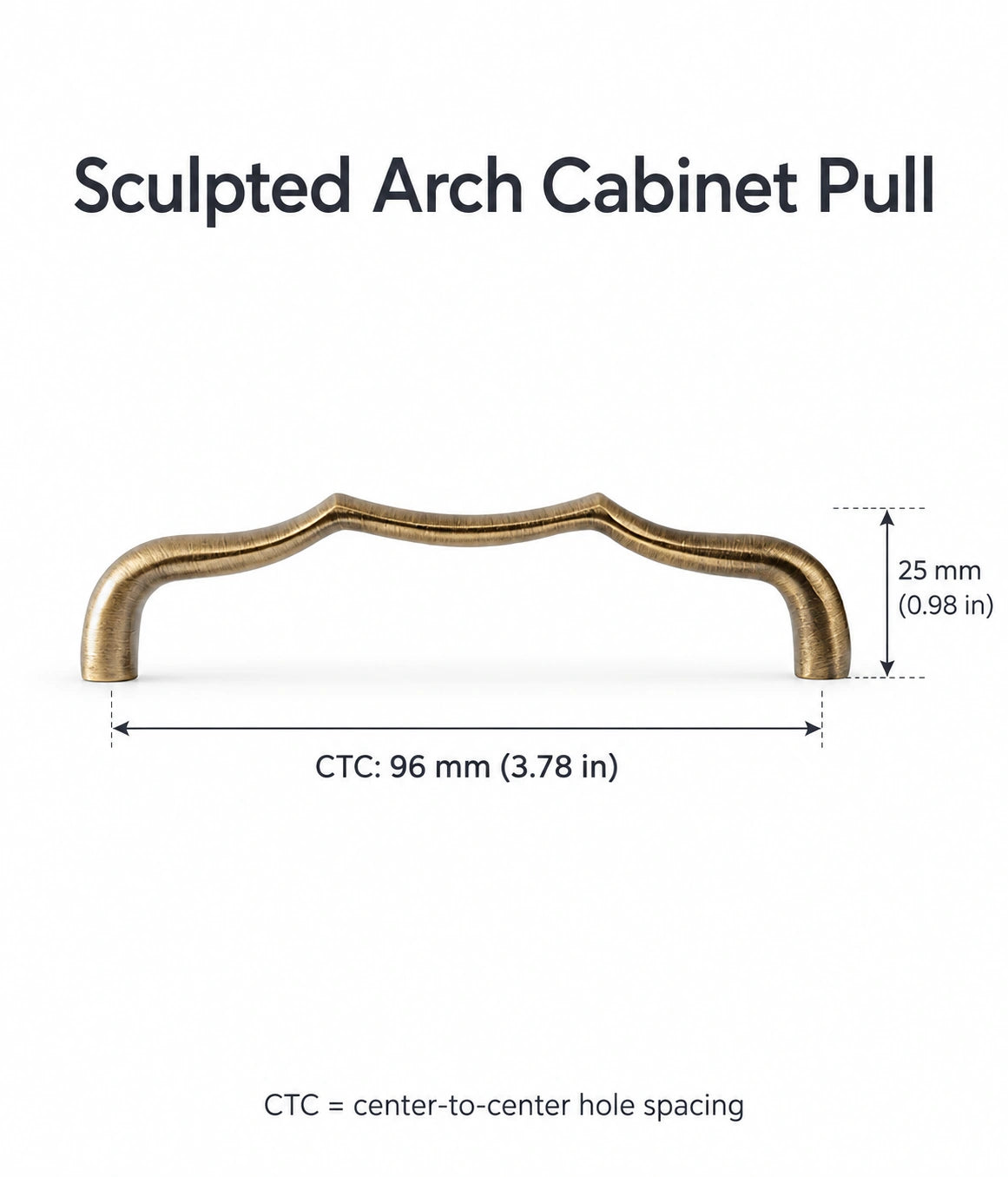 Antique brass sculpted arch pull with 96 mm (3.78 inch) center-to-center hole spacing