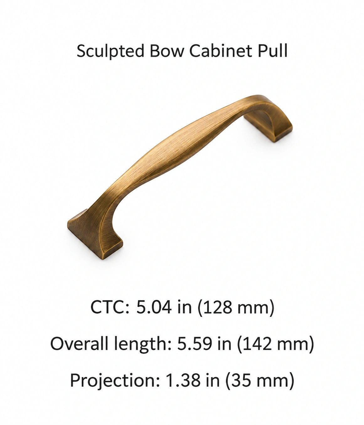Antique brass sculpted bow pull with 128 mm CTC, 142 mm overall length and 35 mm projection shown in inches and mm