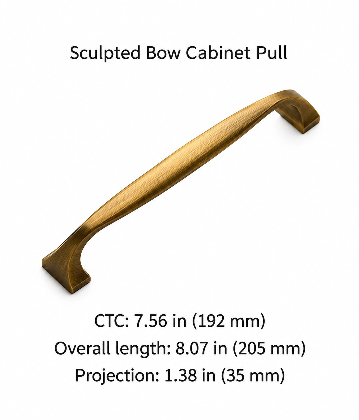Antique brass sculpted bow pull with 192 mm CTC, 205 mm overall length and 35 mm projection shown in inches and mm