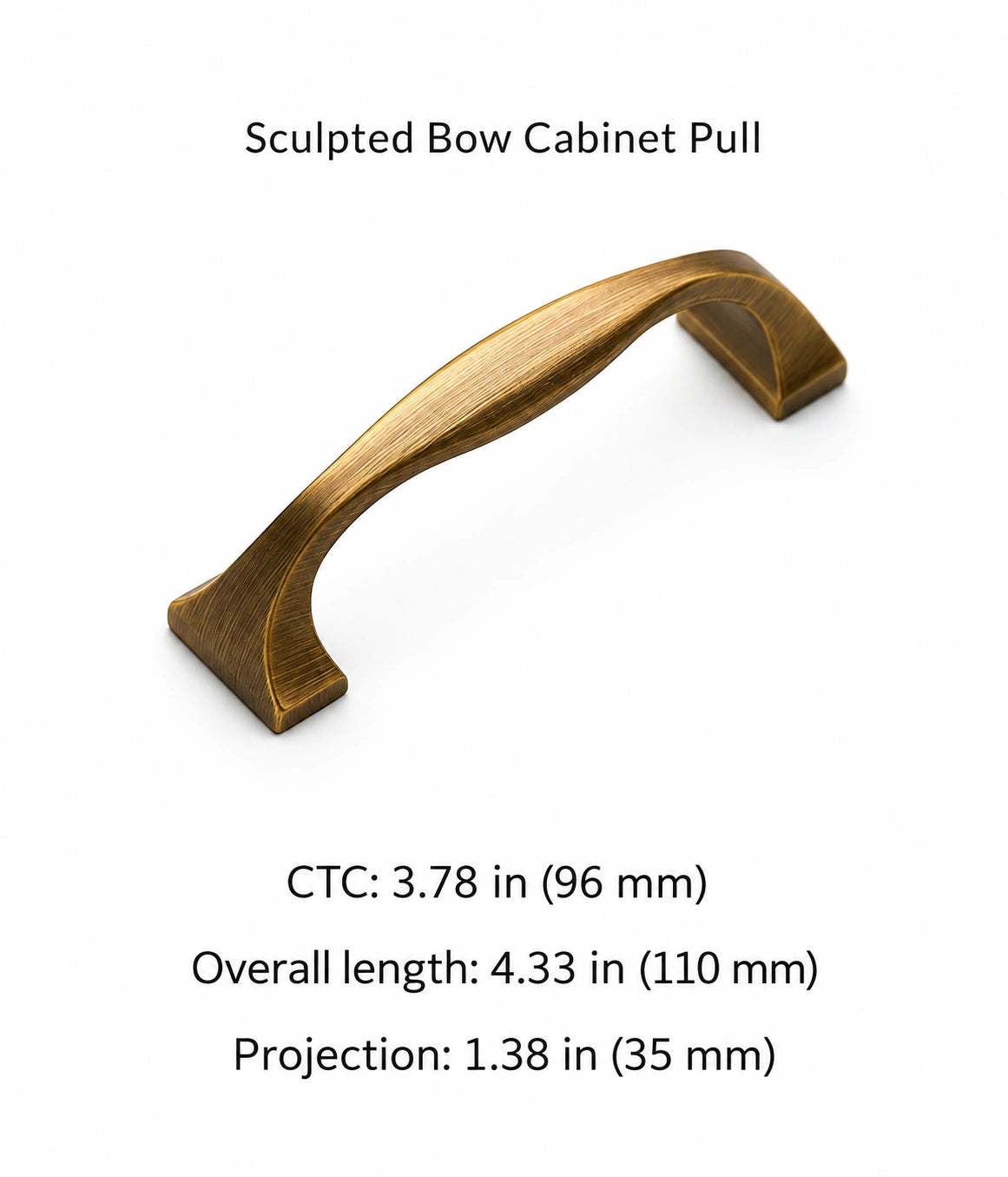 Antique brass sculpted bow pull with 96 mm CTC, 110 mm overall length and 35 mm projection shown in inches and mm