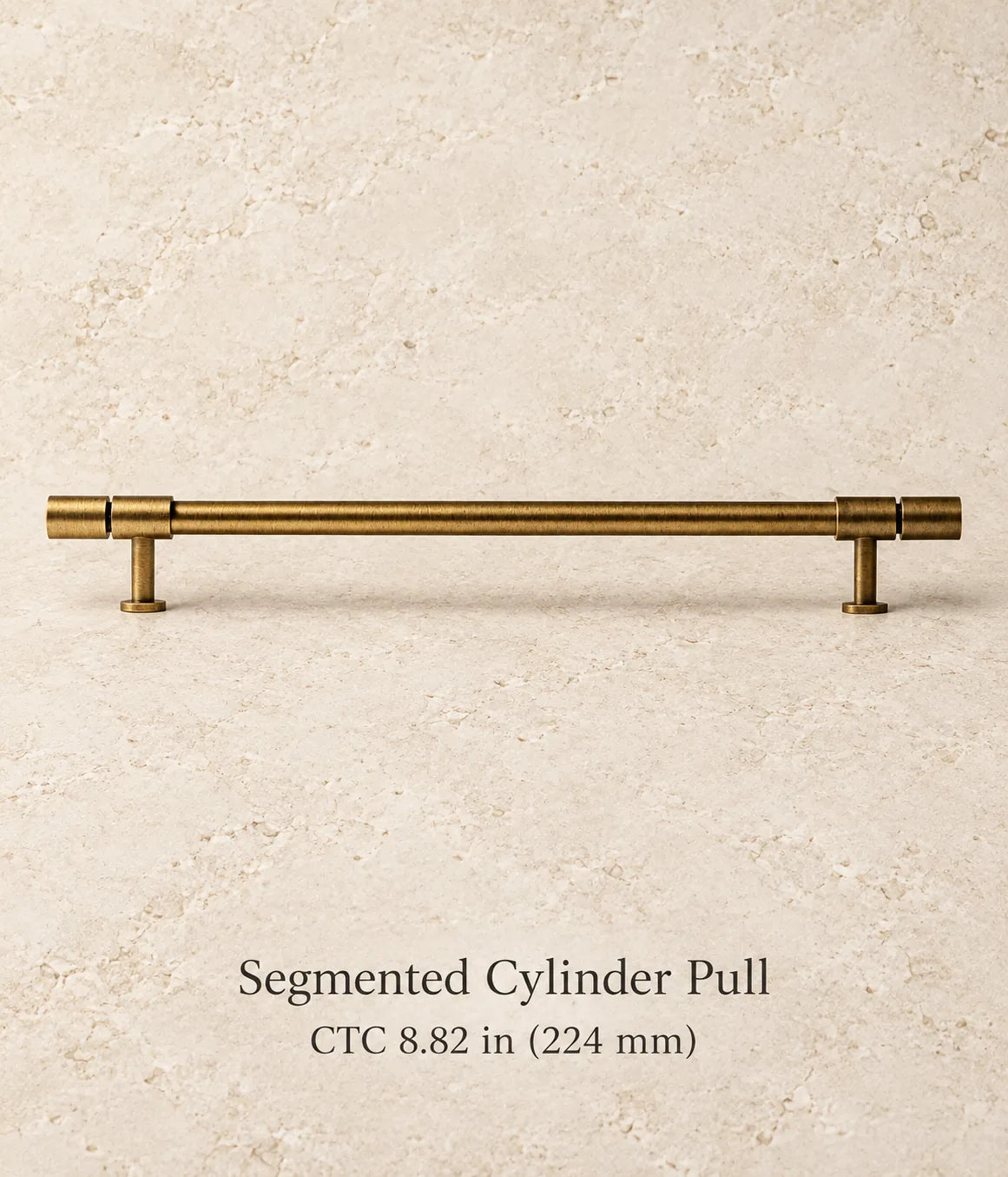 Antique brass segmented cylinder pull, 8.82 in (224 mm) CTC