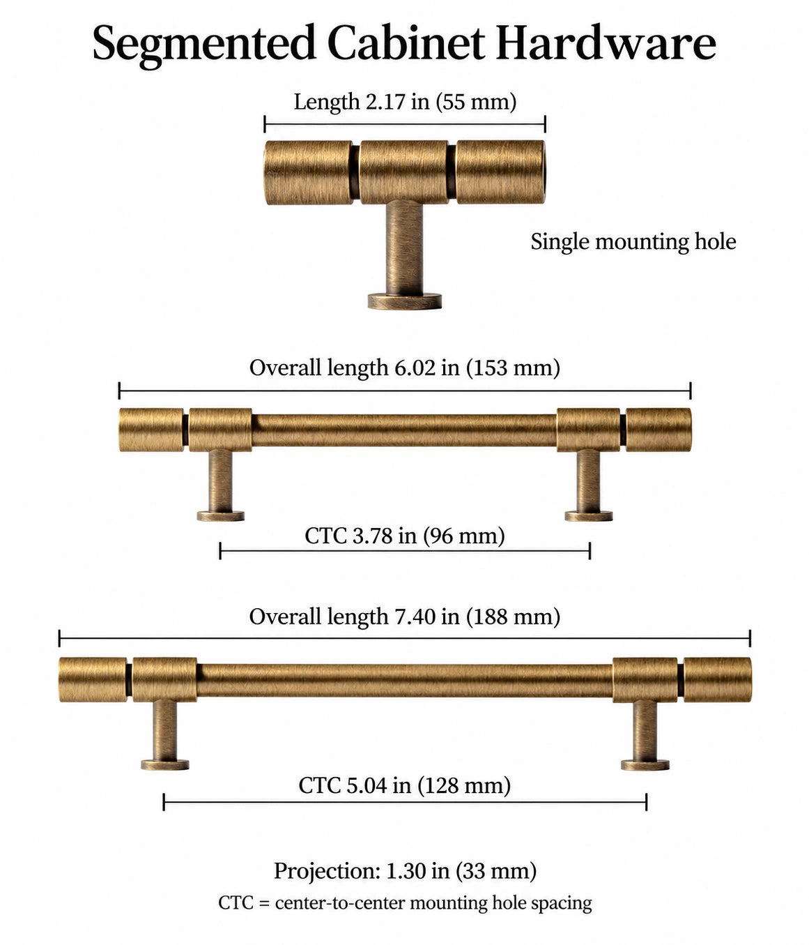 T-knob and 96 and 128 mm CTC pull measurements in inches and millimeters