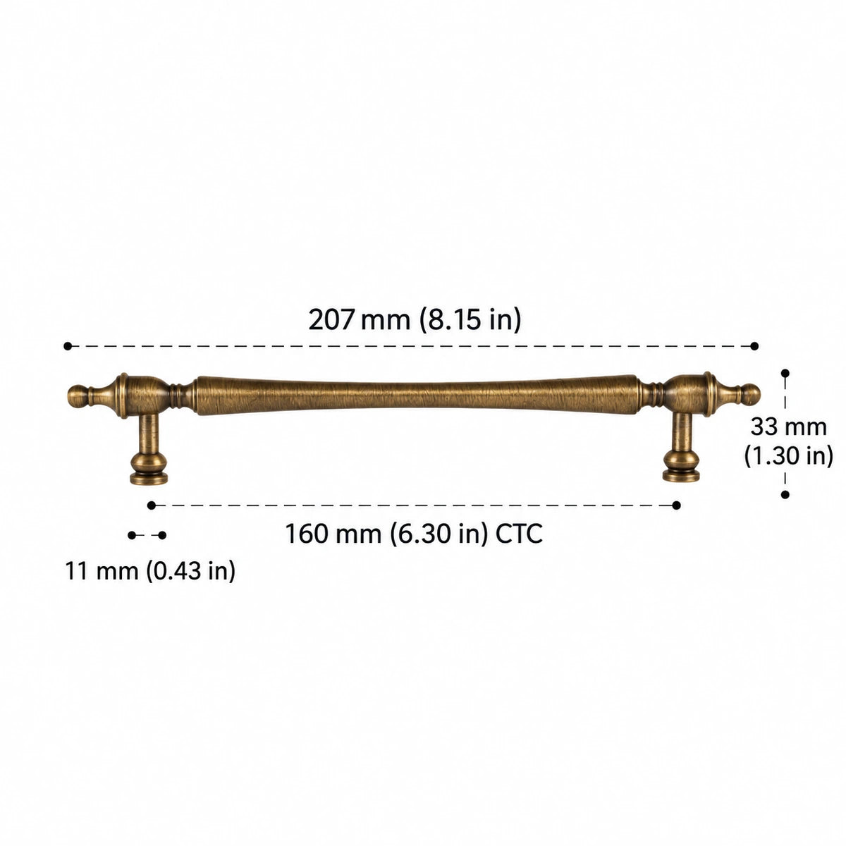 Slender Finial Pull — 6.30″ (160 mm) CTC — inch and mm dimension guide