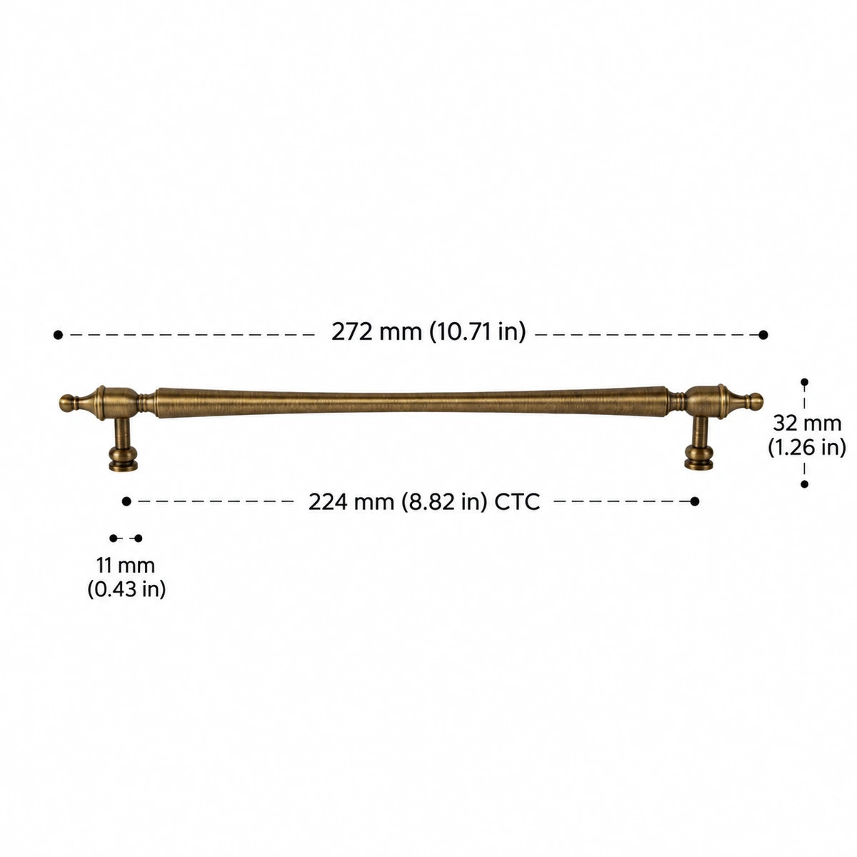 Slender Finial Pull — 8.82″ (224 mm) CTC — inch and mm dimension guide