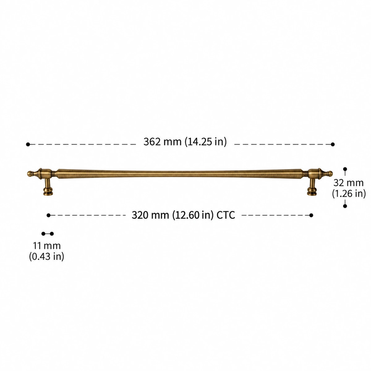 Slender Finial Pull — 12.60″ (320 mm) CTC — inch and mm dimension guide