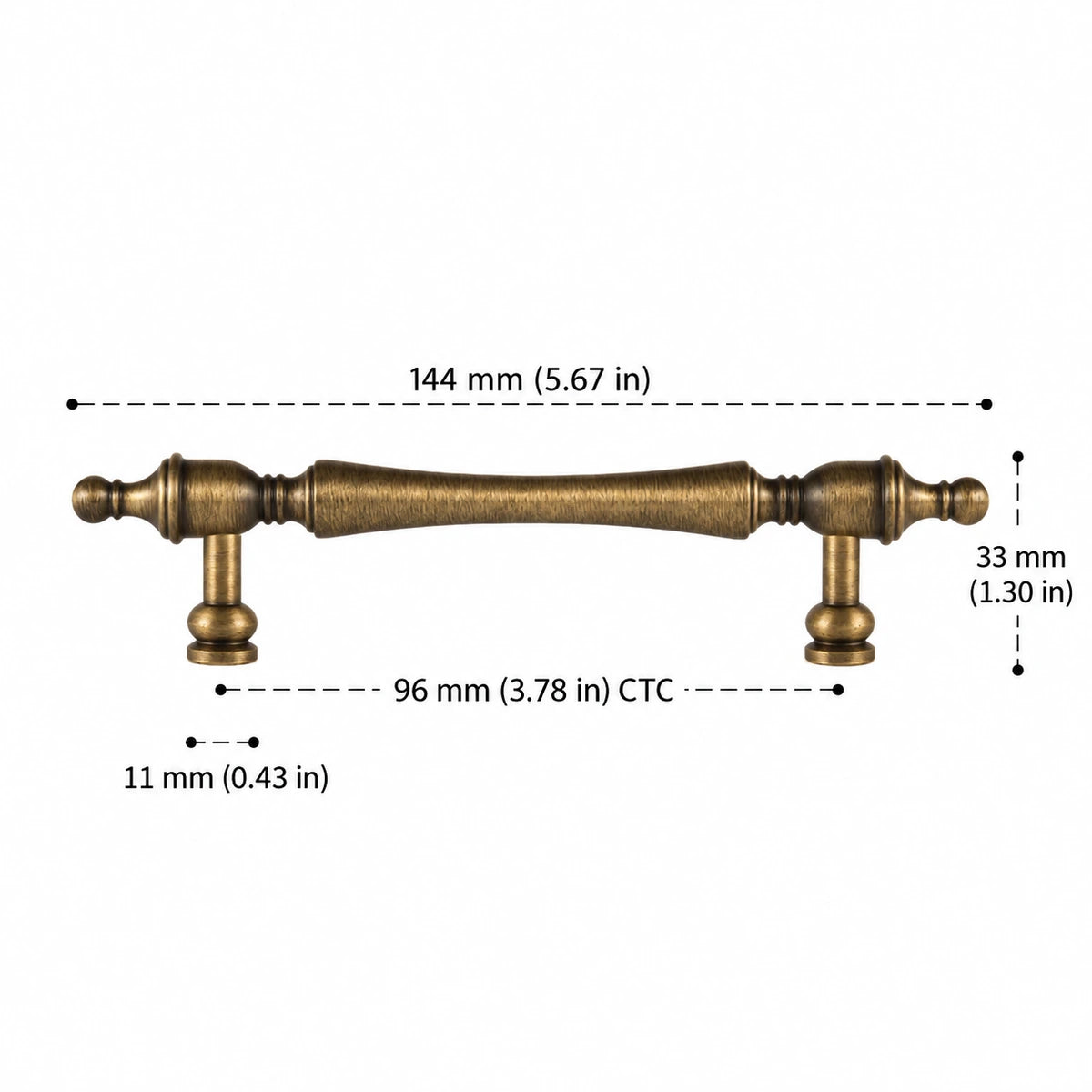 Slender Finial Pull — 3.78″ (96 mm) CTC — inch and mm dimension guide