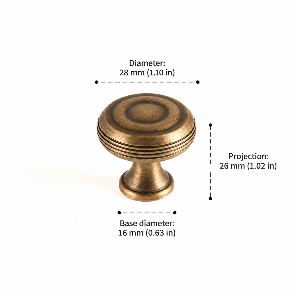 Grooved Knob — 1.10″ (28 mm) Diameter — inch and mm dimension guide