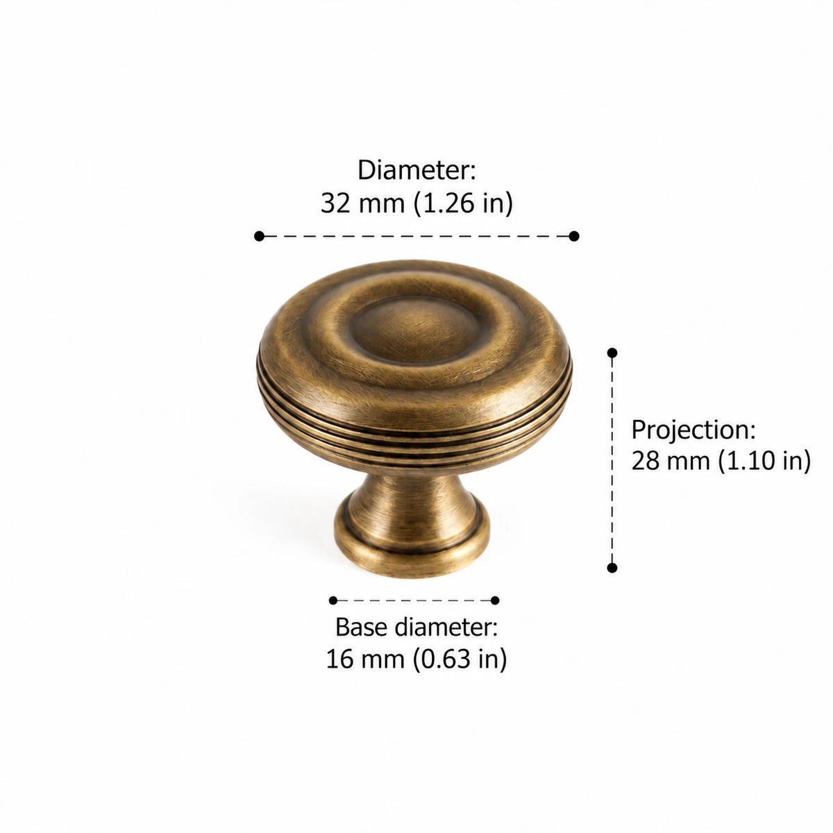 Grooved Knob — 1.26″ (32 mm) Diameter — inch and mm dimension guide